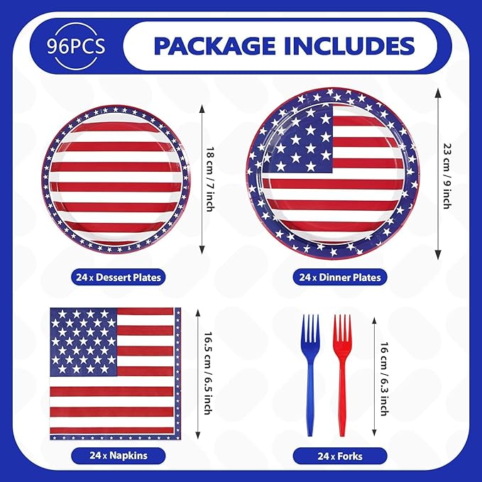 96Pcs 4th of July Patriotic Party Supplies Memorial Day Patriotic Paper Plates and Napkins US American Flag Disposable Tableware for 4th of July 250th Anniversary Party Decorations Serve 24