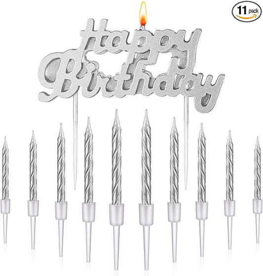 MTLEE Happy Birthday Candles Letter Cake Topper with 10 Pcs 2.95 Inch Short Thin Spiral Candles for Cake Topper Birthday Decoration Party Supplies(Silver)