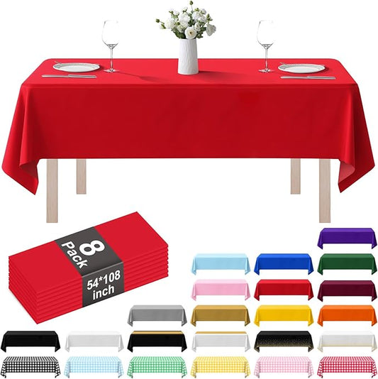 8 Pack Plastic Tablecloth 54" x 108" Disposable Table Cloths for 6 to 8 Foot Tables Rectangle Table Cover for Parties (Red, Rectangle)