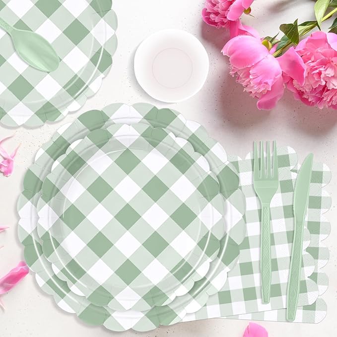 QISOLIY 350Pcs Green Gingham Party Supplies Gingham Plates and Napkins, Green and White Checkered Disposable Plates Set for Dinner Birthday Baby Shower Wedding Picnic Supplies Serve 50 Guest