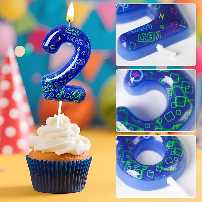 Number 2 Birthday Candle for Cake – Blue Gaming Theme Number Candle with “Next Level” Design, Video Game Style Cake Topper for Anniversary & Celebration