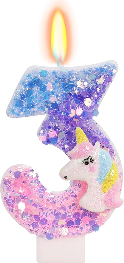 Unicorn Candle - Number 3 Candle, 3rd Birthday Decorations for Girls, Colorful Sequins Birthday Candles for Cake, Cartoon Unicorn Theme Party Decorations