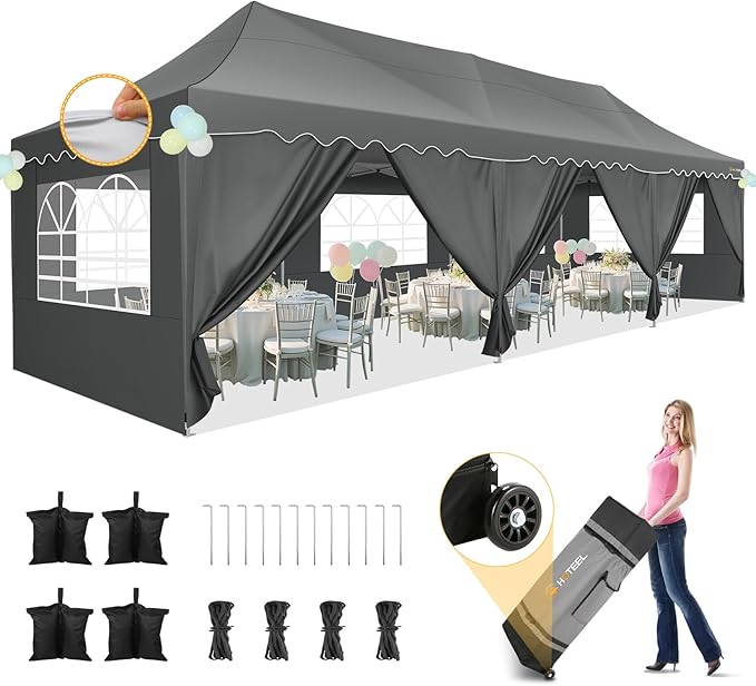 HOTEEL 10x30 Pop Up Canopy with 8 Sidewalls, UV 50+ and Waterproof 10×30 Party Tent, Thickened Frame, Large Space Easy Pop Up Canopy, Outdoor Canopy for Weddings, Beaches, Parties, Patio (Grey)