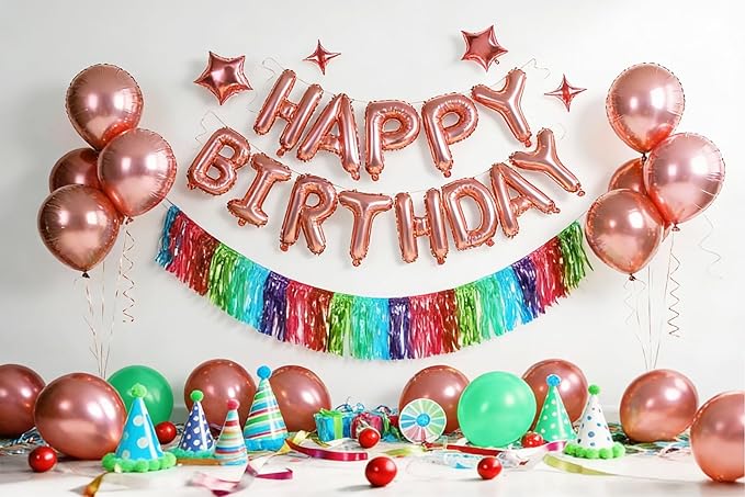 Rose Gold Happy Birthday Banner Balloon Aluminum Foil 16 Inch Letter,10 Inch Five Pointed Star Four Pointed Star Suitable for Kids, Men, Women, Boys and Girls Party Decoration Supplies