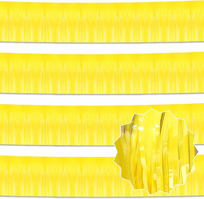 4 Pack 10 Ft Macaron Yellow Foil Fringe Garland Metallic Streamers Tinsel Banner Wall Hanging Garland Backdrop for Parade Floats, Halloween, Christmas, Thanksgiving, New Year Party Decorations