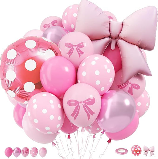 Pink Bow Balloons, 12 Inch Mouse Balloon with Hot Pink Rose Polka Dots Bow Foil Balloon Print Latex Balloons for Mouse Theme Bow's Birthday Party Decoration