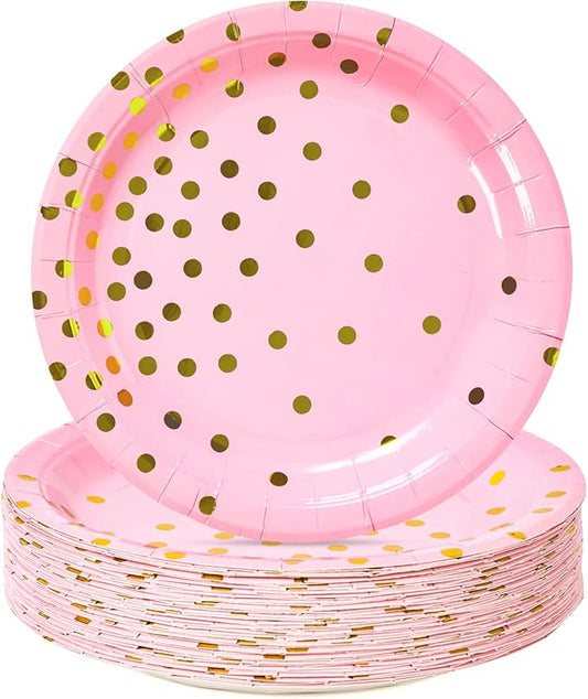 Pink Gold Paper Plates 100PCS,Pink and Gold Dots Dessert Plates,Disposable Round Party Supplies great for Baby Shower,Birthday,Wedding,Bridal Showers(7inch)