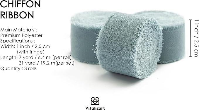 Vitalizart Dusty Blue Chiffon Silk Ribbon 1" x 21 Yd Fringe Fabric Package (3 Rolls * 7 Yd) for Wedding Invitations Bridal Bouquets Decorations Gifts Wrapping & Bow Making