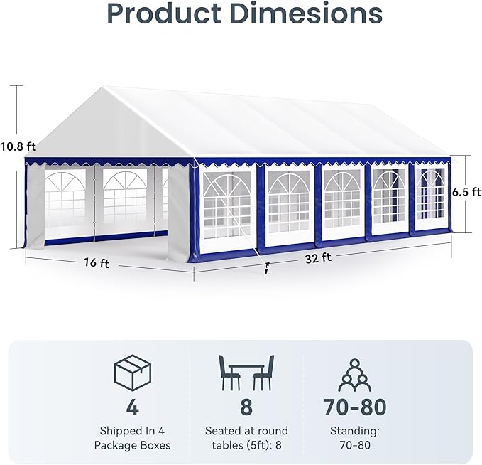 PHI VILLA 16x32 Outdoor Heavy Duty Party Tent, Large Party Canopy Wedding Event Tent with Removable Sidewalls & 4 Storage Bags for Patio Outdoor Garden Events, Blue