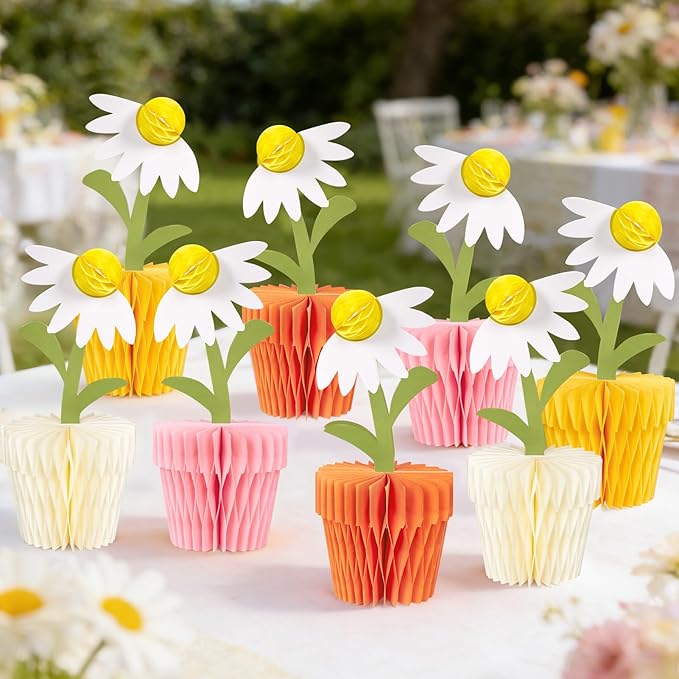8PCS Daisy Honeycomb Centerpieces, Daisy Table Decorations, Daisy Flower Birthday Party Decorations for Home Office, Baby Shower, Wedding Spring Party Supplies(Orange Yellow)