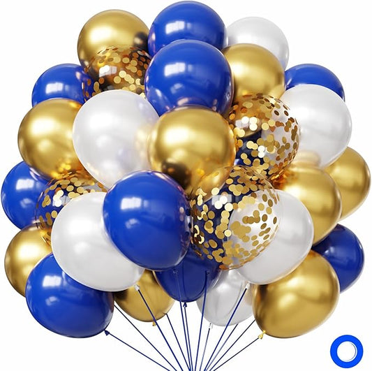 Hiquaty Blue and Gold Balloons, 50pcs Royal Blue Balloons 12 Inch Blue and White Balloon for Birthday New Year Baby Shower Wedding Party Decoration