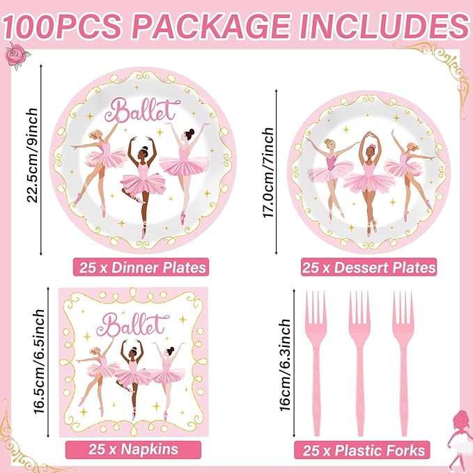 Qyeahkj 100 Pcs Ballerina Birthday Party Decorations for Ballet Plates and Napkins Ballet Dress Paper Dinnerware Table Supplies Disposable Dancing Girl Birthday Party Tableware Decor Serves 25