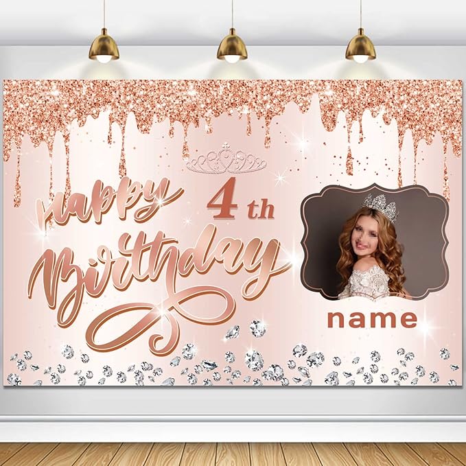 Customizable Rose Gold Happy 4th Birthday Decoration Banner - Personalized with Name and Photo