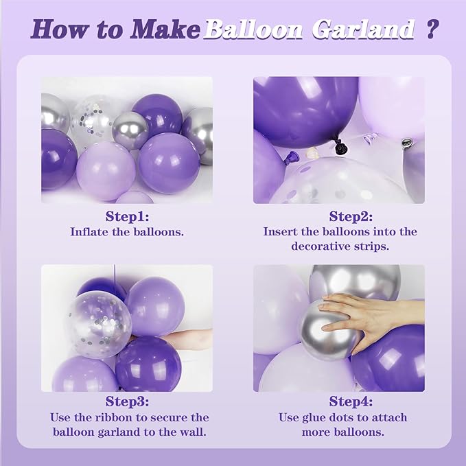 147pcs Purple Balloon Garland Arch Kit, Different Sizes with Dark Purple Light Purple Metallic Silver Confetti Lavender Latex Balloons for Baby Shower Wedding Birthday Party Decorations