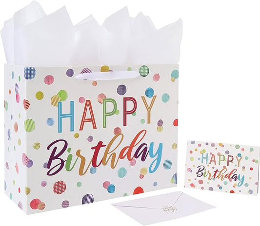 wishinside 13'' Large Birthday Gift Bag Set with Handles, Greeting Card, White Tissue Papers and Stickers for Women Girls Kids Teens for Birthday, Baby, Color Dots Design, 1 Pcs