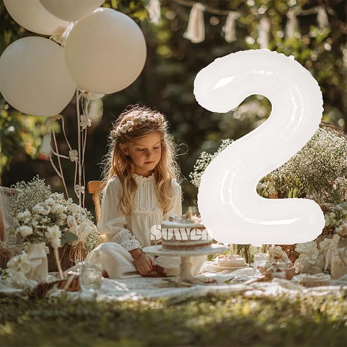 SUWEN 40 Inch White Large 2 Balloon Number Big Foil Helium Number Balloons 0-9 Giant Jumbo Happy 2nd Birthday Party Decorations for Boy or Girl Huge Mylar Anniversary Party Supplies