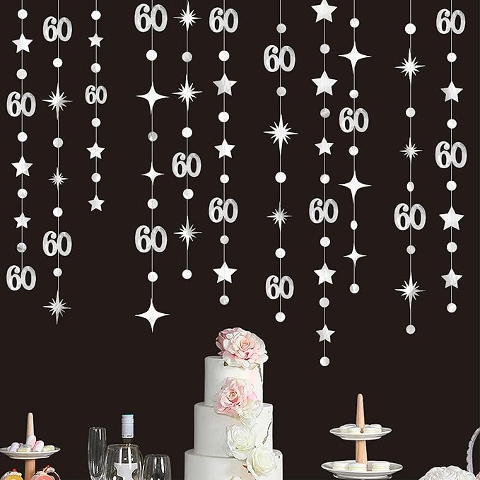 Silver 60th Birthday Decorations Number 60 Circle Dot Star Garland Hanging Streamer Bunting Banner Backdrop for Mens Cheers to 60 Years Old Happy 60th Birthday 60th Anniversary Sixty Party Supplies