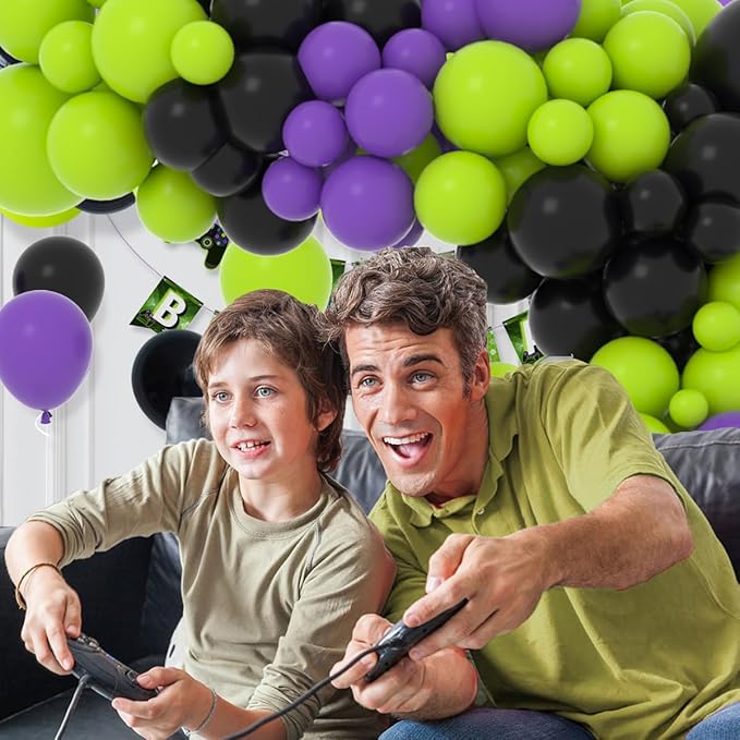 Lime Green Purple Black Balloon Garland Kit, 122PCS Black Purple Fruit Green Party Balloons for Birthday Video Game Anniversary Wedding Engagement Anniversary Graduation Racing Car Party Decorations