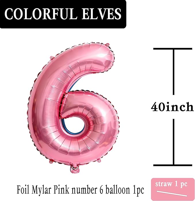 Pink Number 6 Balloons 40 Inch Giant Number Hot Pink 6 Foil Mylar Balloons for 6th Birthday Anniversary Events Party Decorations