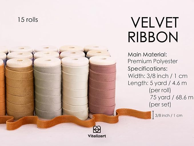 Vitalizart Velvet Ribbon Set 3/8" x 75 Yd Wooden Spool Fabric Trim 15 Rolls * 5 Yd for Christmas Wreath Decoration Handmade Craft Ornaments Gift Wrapping & Bow Making