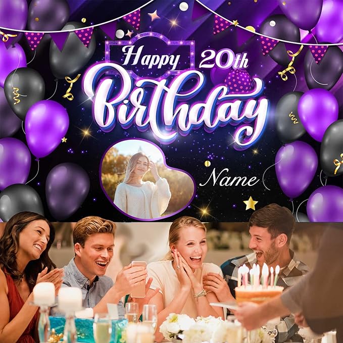 Custom Purple Happy Birthday Decorations Banner, Personalization Purple Happy Birthday Sign Birthday Party Supplies Photo Backdrop with Rose for Birthday Party Favor for Women Girl