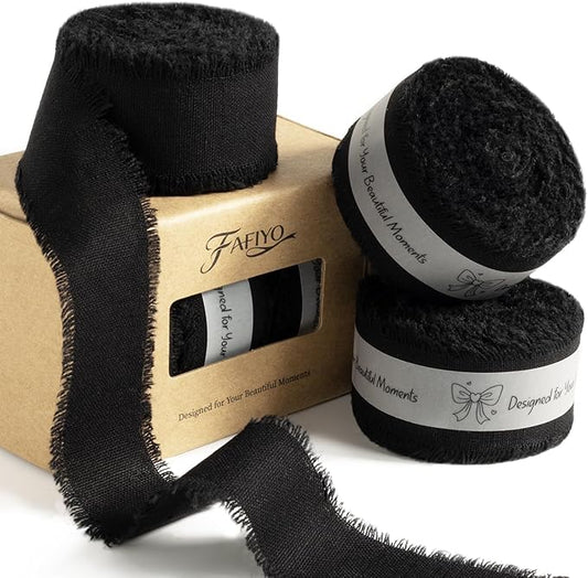 Black Cotton Ribbon 1 Inch Black 3 Rolls 21 Yards Frayed Edge Fabric Set for Wedding Decor, Graduation Party, Gift Wrapping, Gothic Party & Halloween Decor