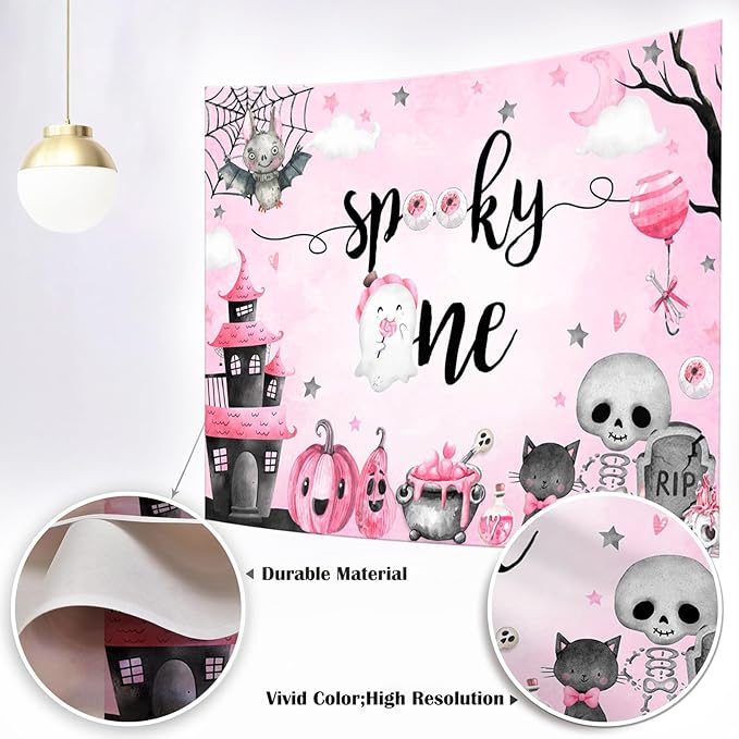 Mocsicka Halloween Spooky One Backdrop Halloween 1st Birthday Party Decoratoon Watercolor Spooky Ghost Spooktacular Birthday Banner Photo Shoot Props (Pink, 10x7ft(120''x82''))