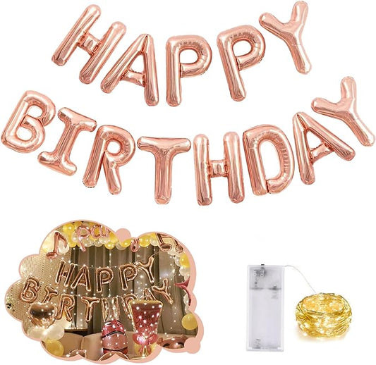 CANREVEL Happy Birthday Banner 13pcs 16 Inch Mylar Foil Letters Sign Balloons with LED Lights Birthday Party Decorations for Kids and Adults - 3D Rose Gold