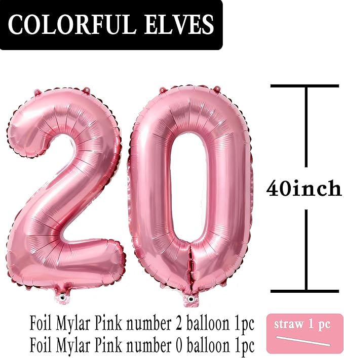 Pink Number 20 Balloons 40 Inch Giant Pink 20 Foil Mylar Balloons for 20th Birthday Anniversary Events Party Decorations