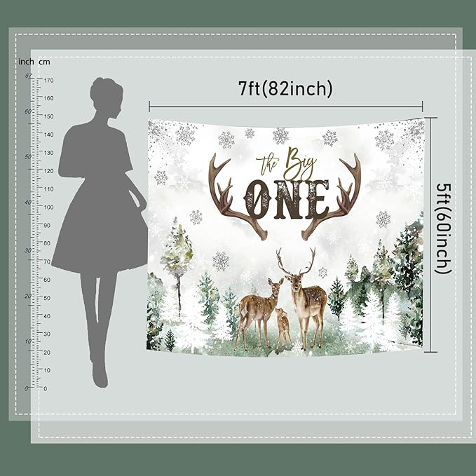 Mocsicka Deer 1st Birthday Backdrop Advenrture Winter Forest Deer Party Decoration The Big One Deer Antlers Rustic 1st Birthday Banner Bakground (Green, 7x5ft(82x60 inch))