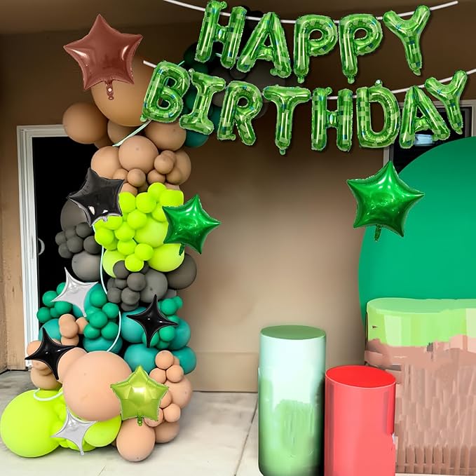 Pixel Happy Birthday Balloon Banner, 16 Inch Pixel Green Foil Letter Balloons with 9 Pcs Star Foil Balloons, 8-Bit Gaming Party Decorations for Boys Girls Themed Birthday, Retro Arcade Party Supplies