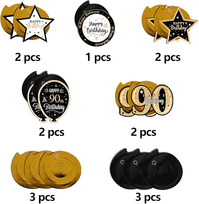 Happy 90th Birthday Black & Gold Glitter Swirls Streamers Party Decorations - 15 Pcs 90th Birthday Hanging Swirls Streamers Kit,Cheers to Ninety Years Old Bday Party Sign.