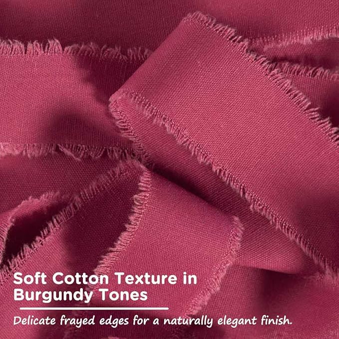 Burgundy Cotton Ribbon 1-1/2 Inch Burgundy 3 Rolls 21 Yards Frayed Edge Fabric Set for Wedding Decor, Bridal Bouquet Wrap, Anniversary Celebration, Gift Wrapping & Christmas Decor