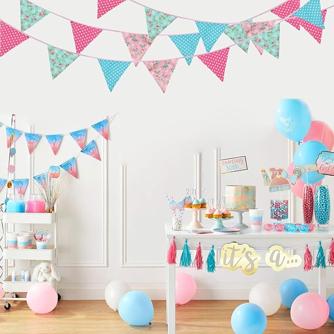 Zwiebeco 32Ft Pink Blue Circle Dots Floral Fabric Bunting Triangle Flags Cotton Flowers Pennant Banner Decorations for Birthday Wedding Engagement Tea Party Spring Rustic Village Home Garden Décor