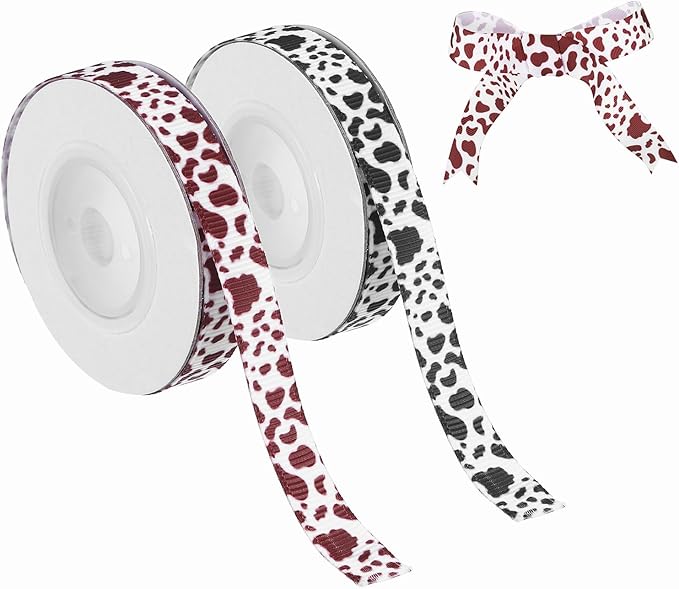 PATIKIL 2 Rolls Cow Print Ribbon Set, 10 Yards Grosgrain Animal Print 3/8" Width Western Farmhouse Ribbons for Gift Wrapping, Party Decorations, DIY Crafts, Black/Brown