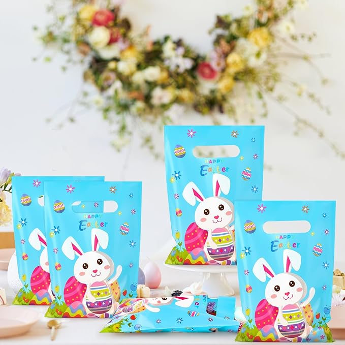 Hxezoc 50 Pieces Happy Easter Gift Bags with Handles Plastic Cute Bunny Goodie Bags Practical Gift Bags Spring Party Favors for Easter Day Egg Hunt Party Birthday Party Decoration Supplies