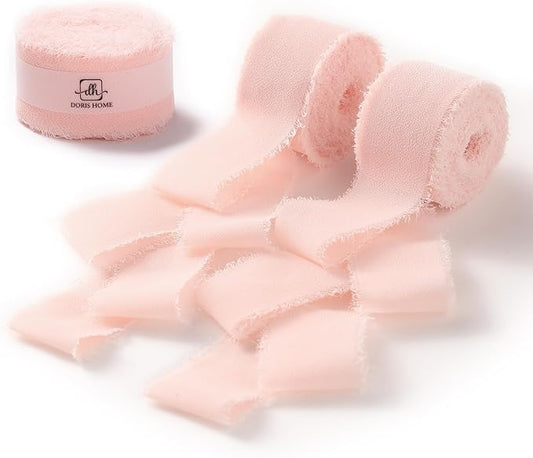 DORIS HOME Blush Pink Chiffon Ribbon for Flower Bouquet, 1" x21Yd Fabric Ribbon for Gift Wrapping, Handmade Frayed Ribbon for Wedding Invitations/Christmas Decorations
