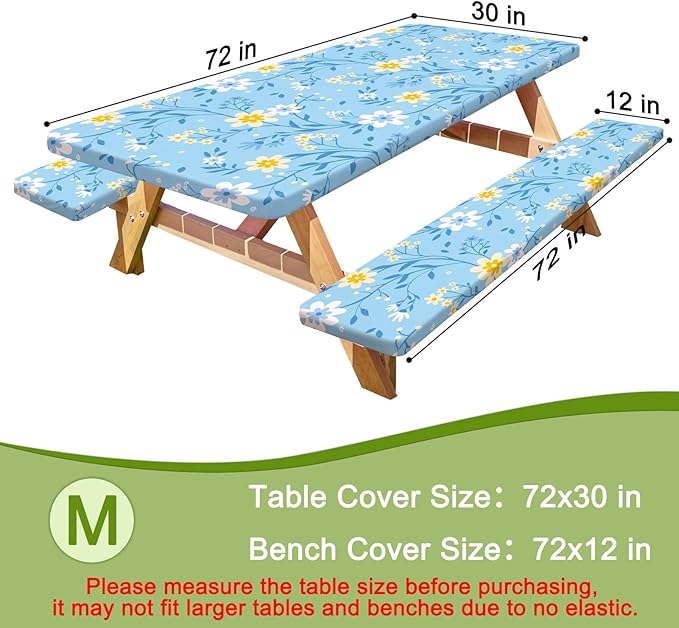 Picnic Table Cover with Bench Covers Portable Table Cloth Built-in Storage Pocket Fitted Tablecloth with Elastic Edges Waterproof Camping Essentials for Indoor Outdoor Rv,72in,Light Blue