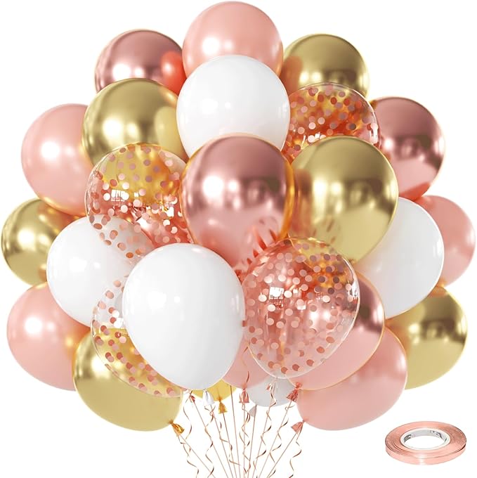 Rose Gold Balloons, 50pcs 12inch White Rose Gold Confetti Latex Balloon and Rose Metallic Balloons with Rose Gold Ribbons for Birthday Party Wedding Bridal Shower Decorations