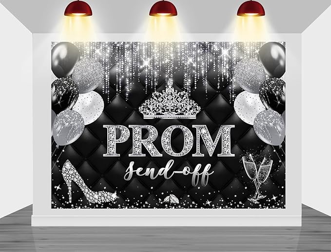Mocsicka Prom Send Off 2026 Backdrop Crown Graduation Prom Night Party Decorations Banner Silver Balck Dancing Send Off Photography Background Photo Booth Supplies (Silver, 8x6ft(96''x72''))