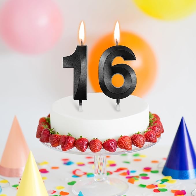 Number 16 Birthday Candles, 1.96 Inch Happy Birthday Cake Candles Cupcakes Topper Decoration for Birthday Party Wedding Anniversary Celebration Supplies (Black)