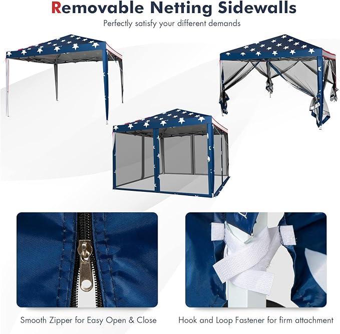 Tangkula 10x10 Ft Pop Up Canopy with Netting, Easy Up Canopy with Mesh Sidewalls, Carrying Bag, Adjustable Height, American Flag Outdoor Canopy with 100 Square Feet of Shade for Backyard, Lawn