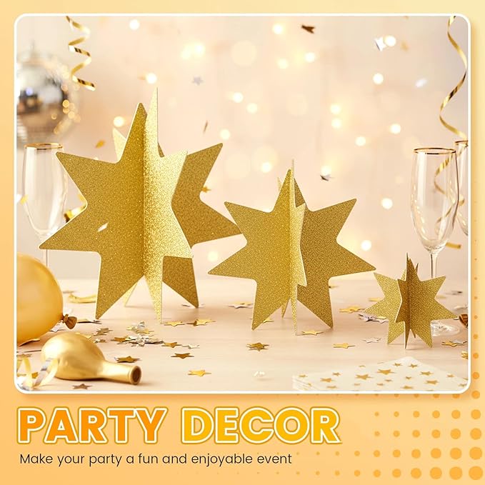 AmazingSpark 9 Pcs Large Star Centerpieces 3D Gold Star Table Decorations in 3 Sizes 10" 8" 6" for Birthday Party Baby Shower Gathering Carnival Ceremony Graduation Movie Night Supplies (Glitter Gold)