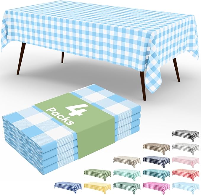 misaya 4 Packs Buffalo Disposable Table Cloth, 54 x 108 Inch Waterproof Plastic Tablecloth, Rectangle Baby Blue and White Checkered Table Covers for Picnic, Birthday, Party