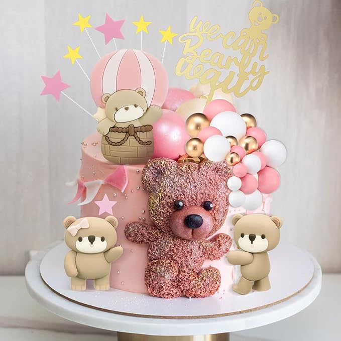 Yinder Bear Cake Toppers Mini Bear Cake Decorations Cake Toppers Gold White Pearl Ball for Birthday Party Decorations(Pink, Brown,Vivid Style)