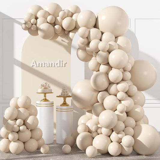Amandir 153pcs White Sand Balloons Arch Garland Kit Different Sizes 18 12 10 5 Inch Cream Beige Sand White Latex Balloon for Birthday Boho Neutral Baby Shower Wedding Anniversary Party Decorations