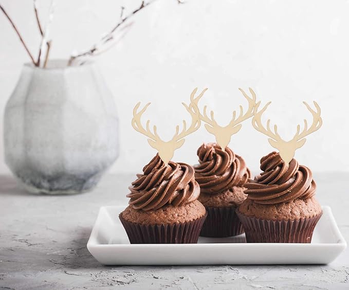AUMIO Wooden Deer Cupcake Toppers Antler Cake Picks Wedding Baby Shower Birthday Hunting Rustic Country Party Cake Decoration Supplies 24 Counts