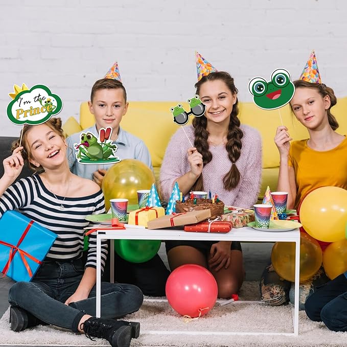 20 Pcs Frog Photo Booth Props Kit, Animal Party Selfie Decorations, Baby Shower, Rainforest Frog Birthday Party Photography Supplies