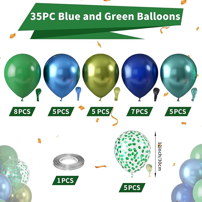 Blue and Green Balloons, Dark Green Metallic Balloons and Royal Blue Balloon, Metallic Blue Green Confetti Balloon for Boy Birthday Baby Shower Jungle Safari Theme Wedding Party Supplies