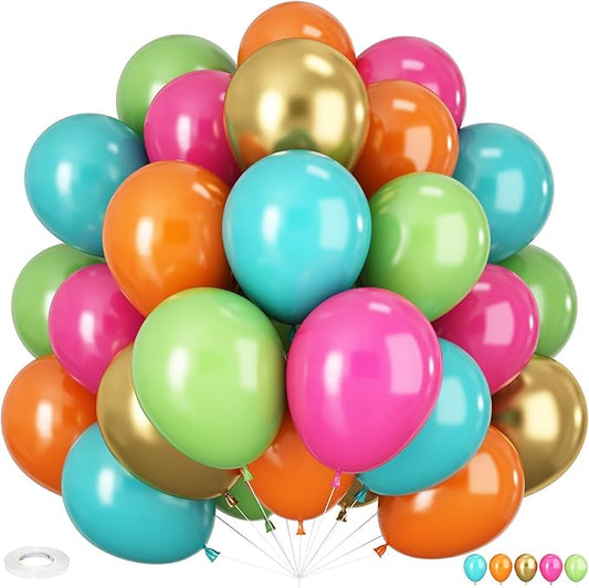 HILAVO Tropical Balloons Kit, 60 PCS 12Inch Hawaiian Balloons Hot Pink Orange Teal Green and Gold Colorful Balloon for Summer Birthday Baby Shower Tropical Aloha Luau Pool Party Decorations